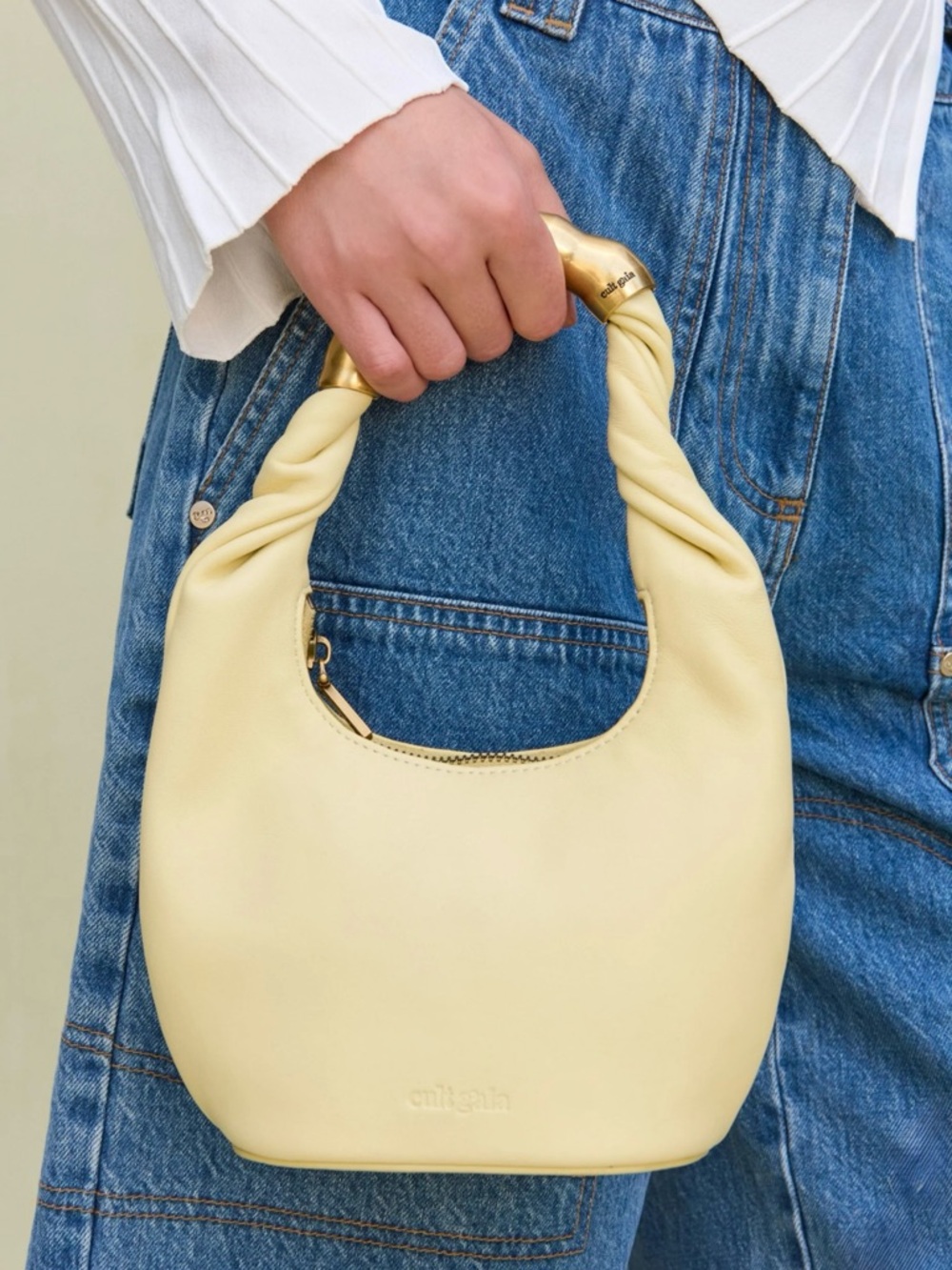 Cult Gaia Meerah Top Handle Bag Sculptural Gold Handle Butter Yellow Leather OS - Picture 3 of 13